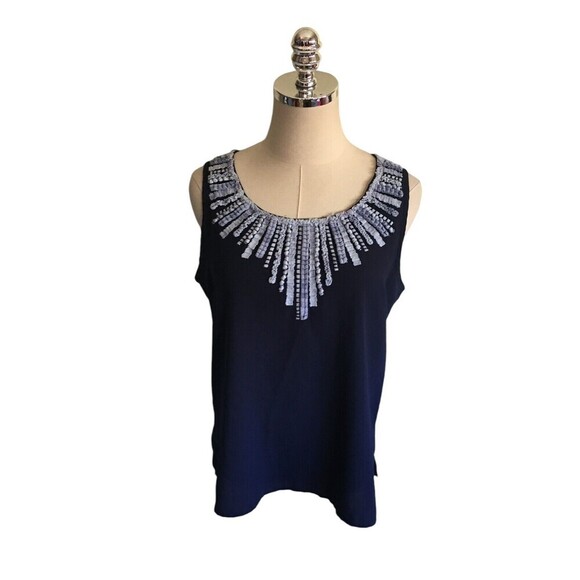 Chico's Top Women's Size Small 8 Navy Blue Ruffle Mixed Media Sleeveless - Picture 1 of 6